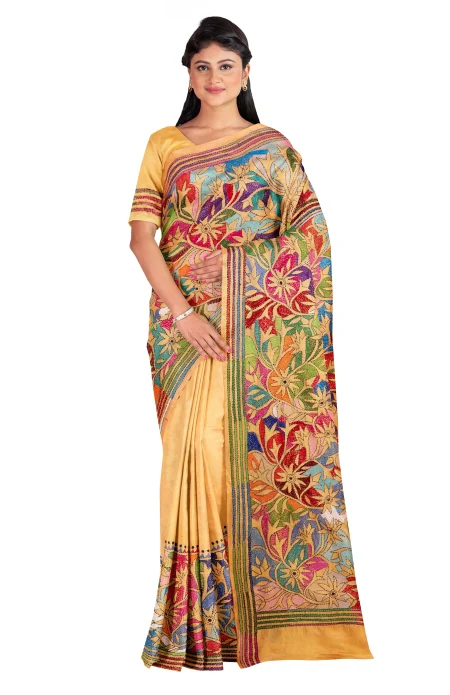 Handcrafted Kantha Silk Saree - Multi Colour