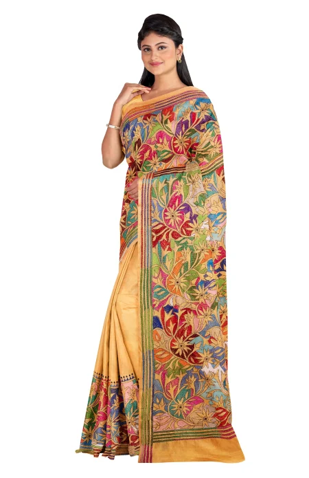 Handcrafted Kantha Silk Saree - Multi Colour - Image 3