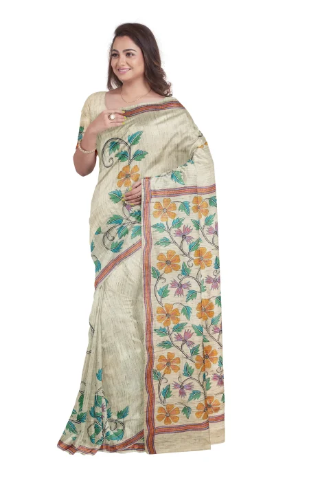 Handcrafted Kantha Tussar Silk Saree - Image 3