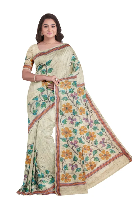 Handcrafted Kantha Tussar Silk Saree