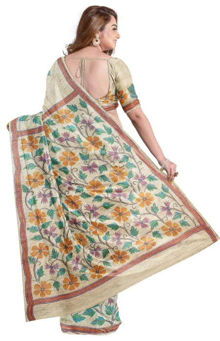 Handcrafted Kantha Tussar Silk Saree - Image 2