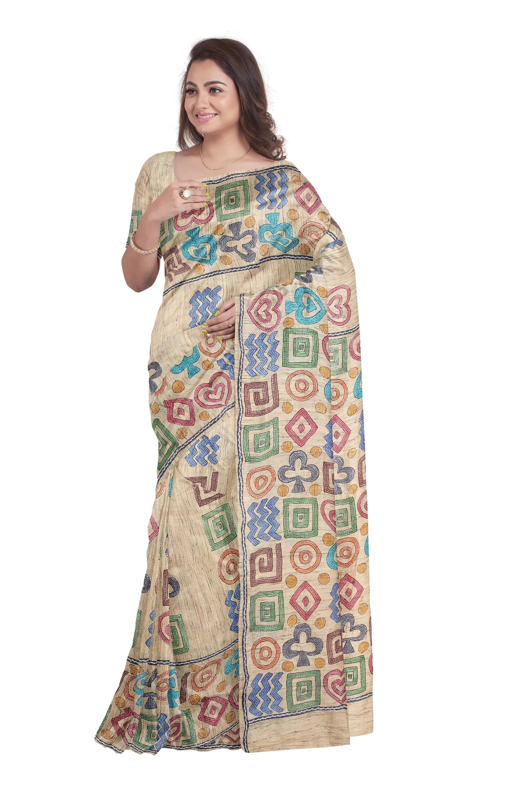 Handcrafted Kantha Tussar Silk Saree – Multi Colour - Image 2