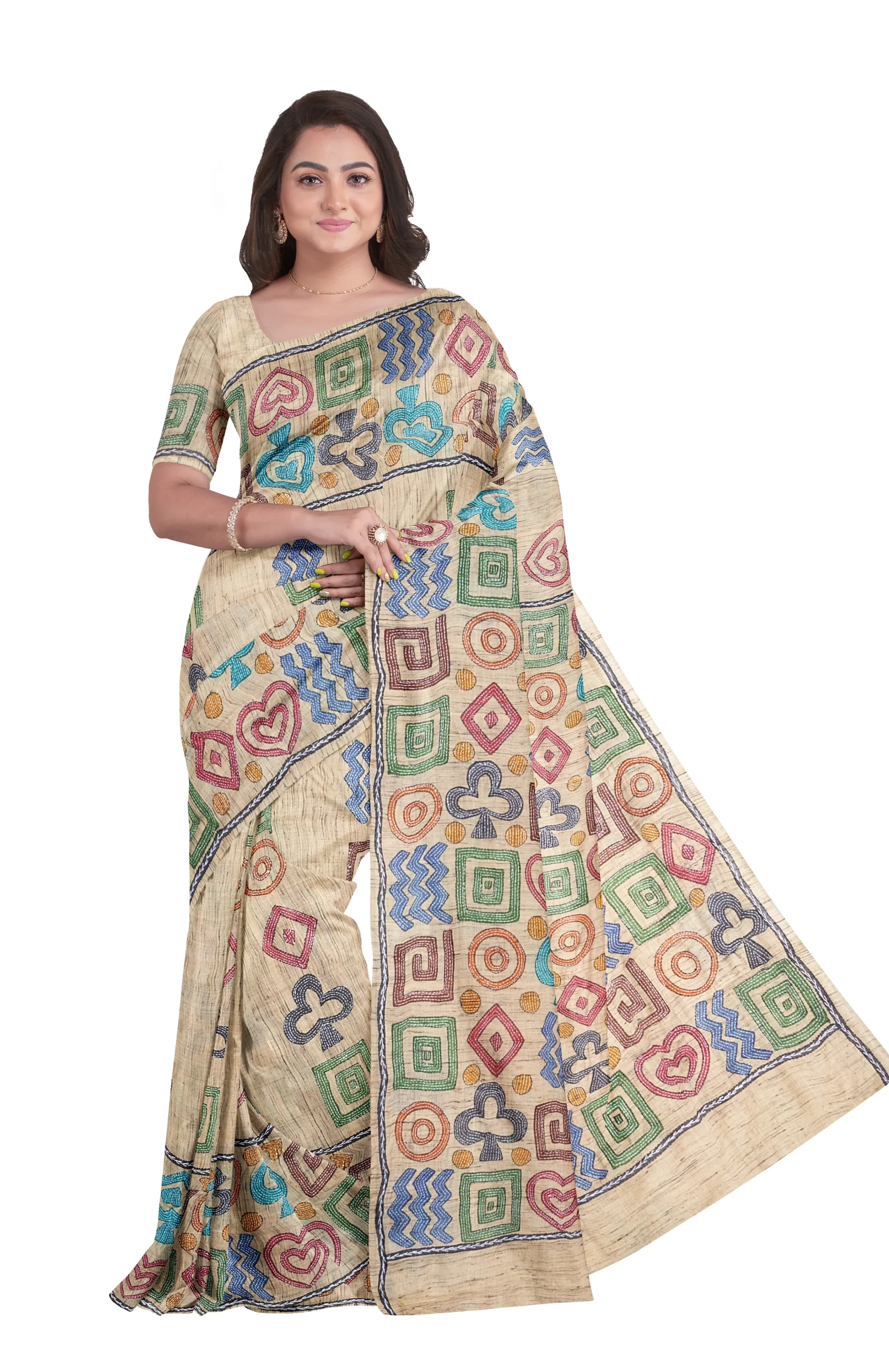 Handcrafted Kantha Tussar Silk Saree – Multi Colour
