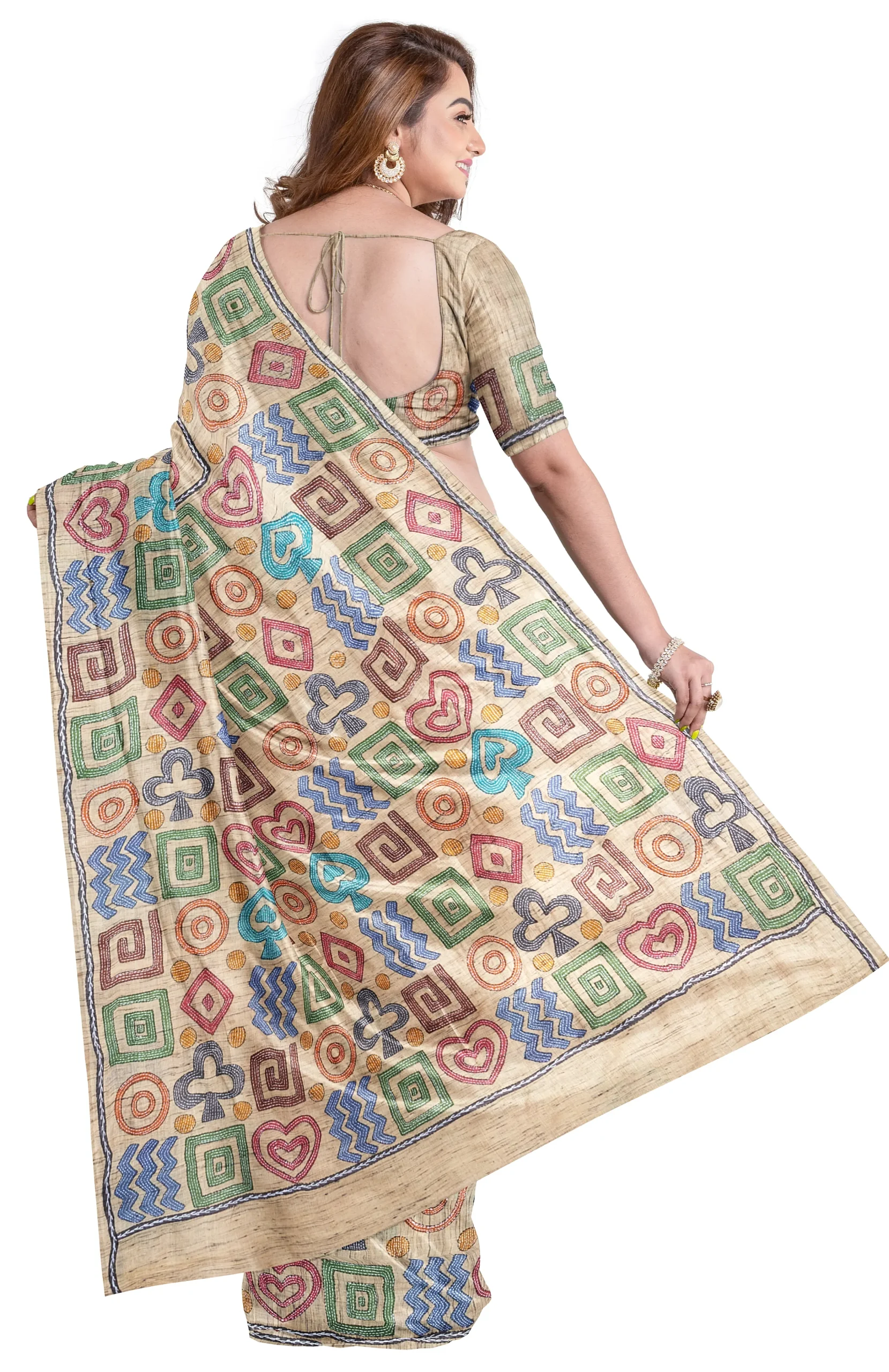 Handcrafted Kantha Tussar Silk Saree – Multi Colour - Image 3