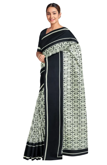 Printed Silk Saree - Navy - Image 3