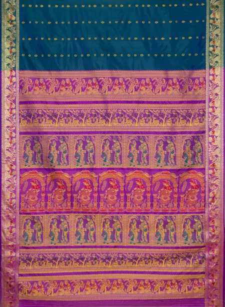 Baluchari Silk Saree with Mina Work - Peacock Green - Image 4