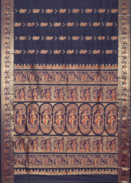 Baluchari Silk Saree with Zari Mina Work - Indigo - Image 5