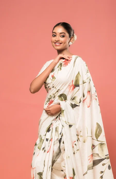 Handwoven Muslin Cotton Saree - Prints in Natural Ivory