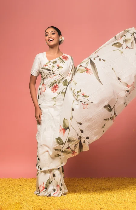 Handwoven Muslin Cotton Saree - Prints in Natural Ivory - Image 2