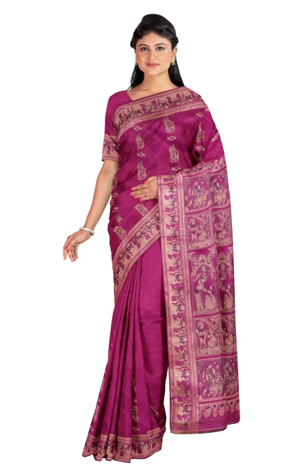 Baluchari Saree with Meena work - Fuchsia Pink - Image 2