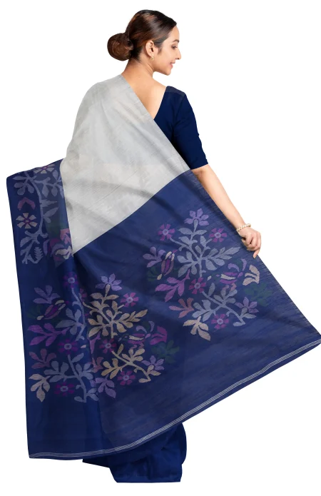 Matka Silk Jamdani Saree - Royal Blue - Image 3