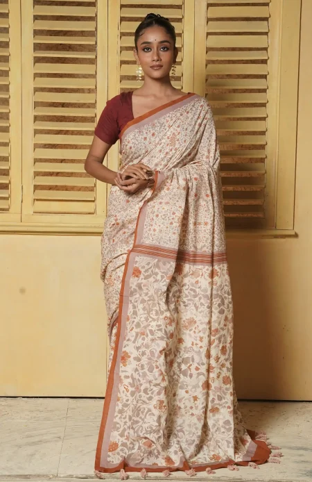 Handwoven Muslin Cotton Saree - Prints in Dusty Pink