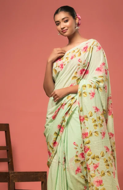 Handwoven Muslin Cotton Saree - Prints in Mint