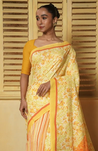 Handwoven Muslin Cotton Saree - Prints in Yellow