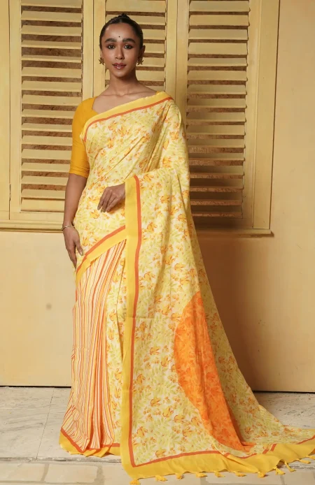 Handwoven Muslin Cotton Saree - Prints in Yellow - Image 2