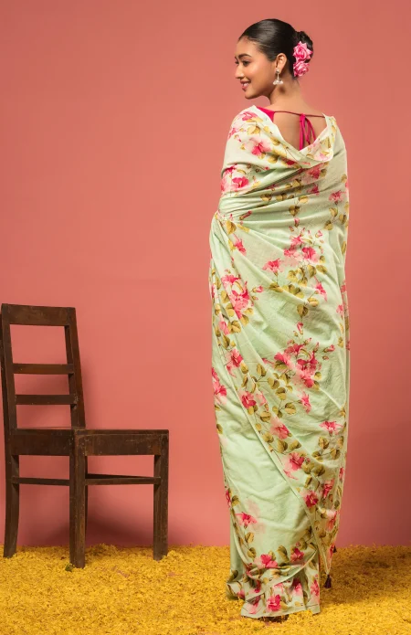 Handwoven Muslin Cotton Saree - Prints in Mint - Image 2