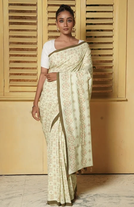 Handwoven Muslin Cotton Saree - Prints in Pista Green