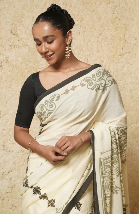 Handwoven Muslin Cotton Saree - Hand Block Printed with Olive - Image 2