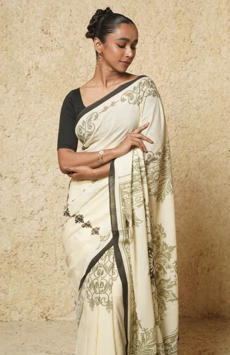 Handwoven Muslin Cotton Saree - Hand Block Printed with Olive