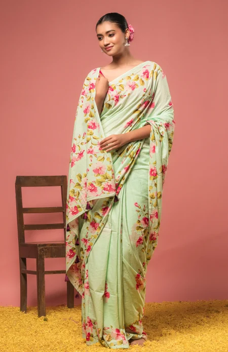 Handwoven Muslin Cotton Saree - Prints in Mint - Image 3