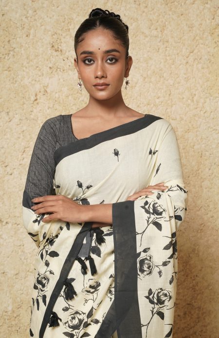 Handwoven Muslin Cotton Saree - Prints in Black - Image 2