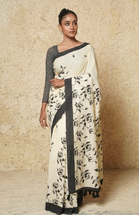 Handwoven Muslin Cotton Saree - Prints in Black - Image 3