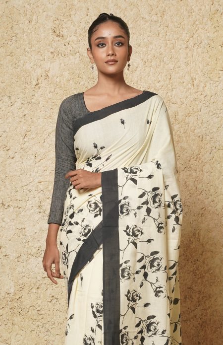 Handwoven Muslin Cotton Saree - Prints in Black