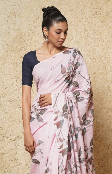Handwoven Muslin Cotton Saree - Prints in Pink - Image 2