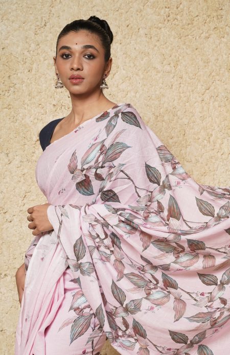 Handwoven Muslin Cotton Saree - Prints in Pink - Image 3