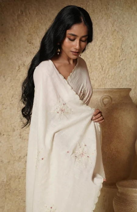 Handwoven Muslin Cotton Saree - Embroidered with Pastel Hues - Image 3