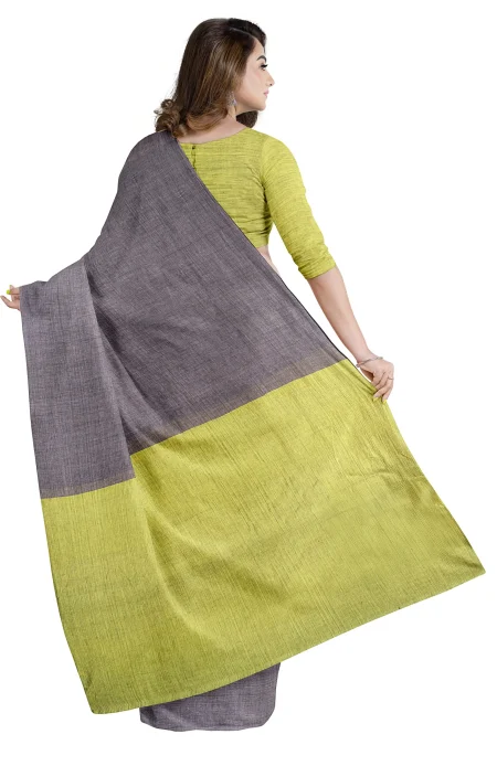 Tangail Mercerized Cotton Saree - Grey & Neon - Image 2