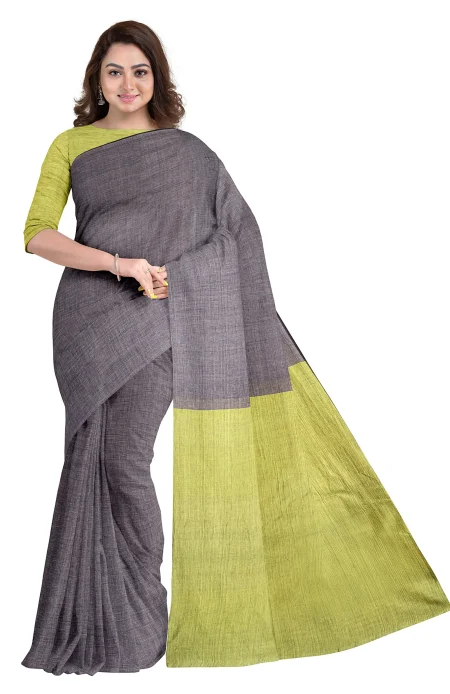 Tangail Mercerized Cotton Saree - Grey & Neon