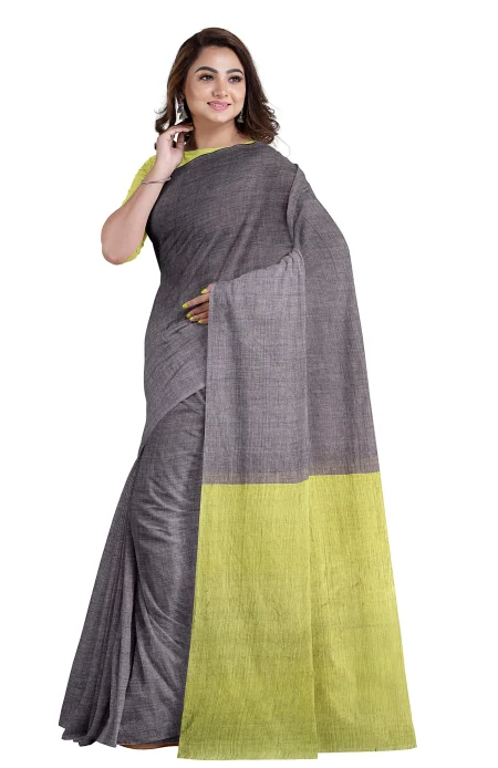 Tangail Mercerized Cotton Saree - Grey & Neon - Image 3