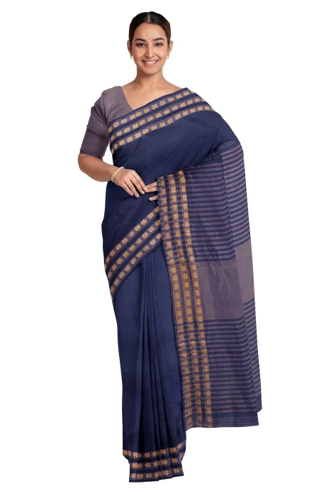 Santipuri Cotton Saree - Blue - Image 2