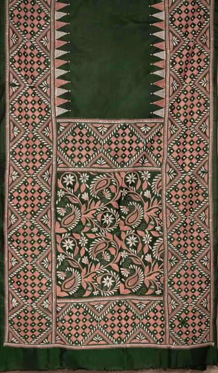 Kantha Silk Saree - Green - Image 4