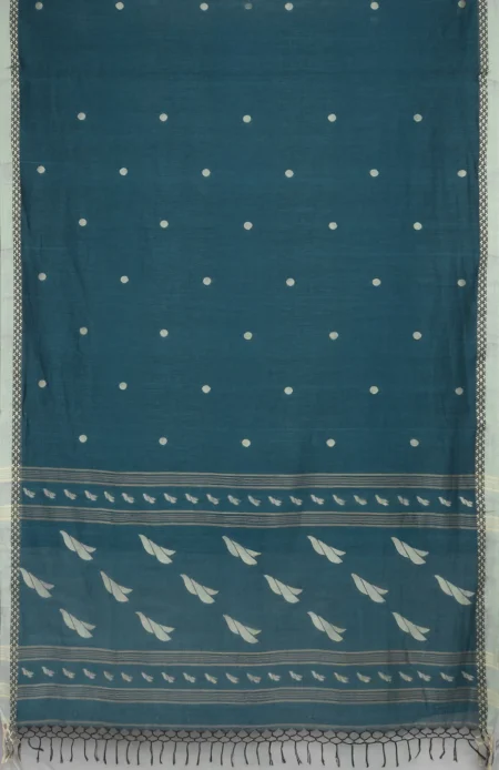 Handwoven Tangail Cotton Saree - Peacock Green - Image 4