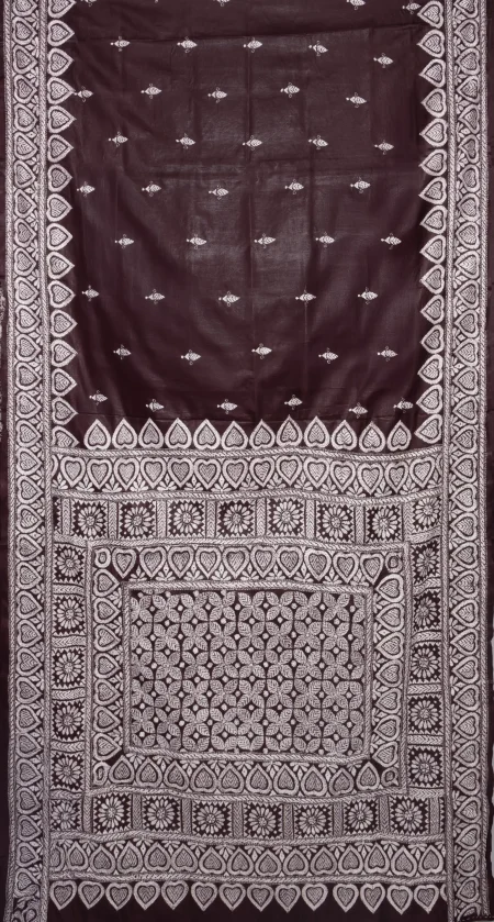 Kantha Silk Saree - Chocolate Brown - Image 4