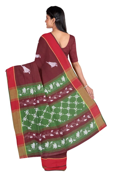Kantha Cotton Saree - Maroon - Image 2