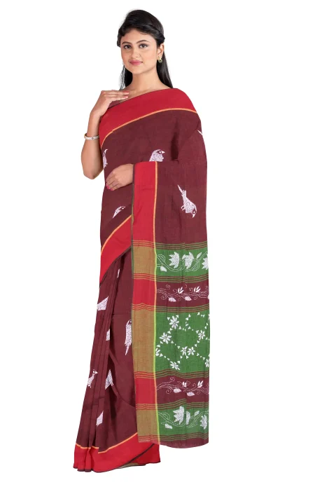 Kantha Cotton Saree - Maroon - Image 3