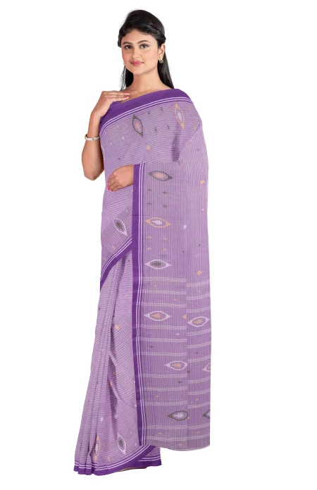 Handwoven Cotton Jamdani Saree - Light Purple - Image 3
