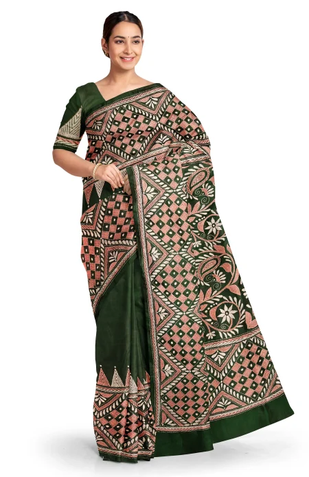Kantha Silk Saree - Green - Image 2