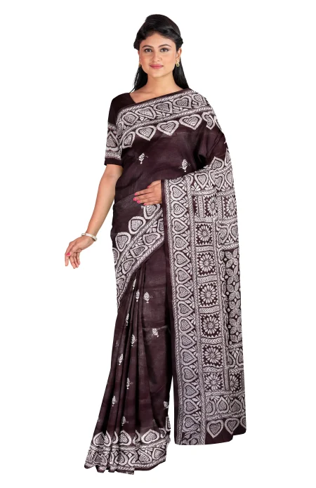 Kantha Silk Saree - Chocolate Brown - Image 2
