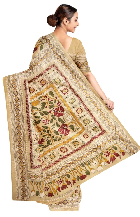 Kantha Gachi Tussar Silk Saree - Beige - Image 3