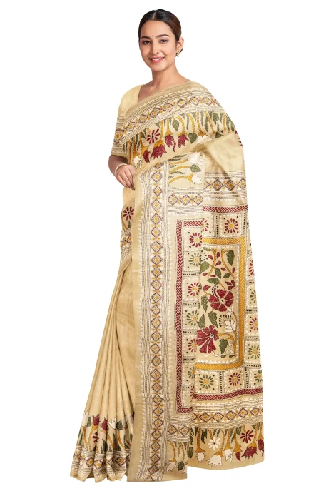 Kantha Gachi Tussar Silk Saree - Beige - Image 2