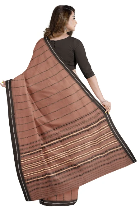 Handwoven Tangail Cotton Saree - Khaki - Image 3