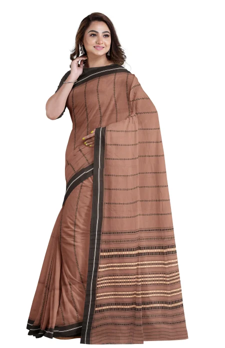 Handwoven Tangail Cotton Saree - Khaki - Image 2