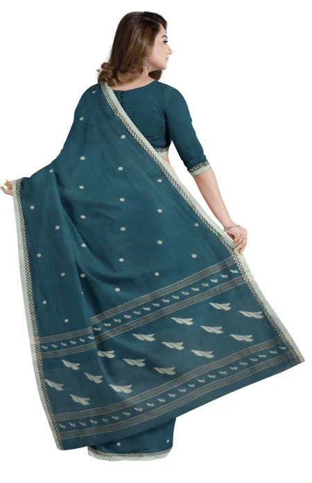 Handwoven Tangail Cotton Saree - Peacock Green - Image 3