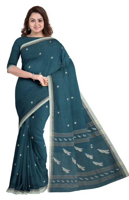 Handwoven Tangail Cotton Saree - Peacock Green - Image 2
