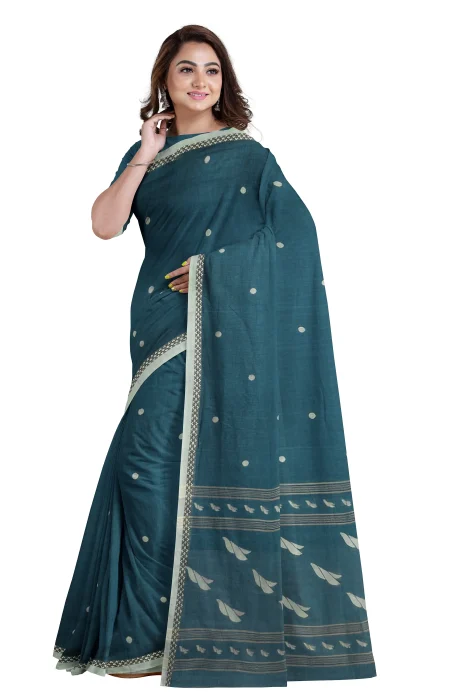 Handwoven Tangail Cotton Saree - Peacock Green