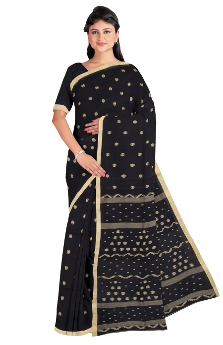 Handwoven Cotton Jamdani Saree - Black - Image 2